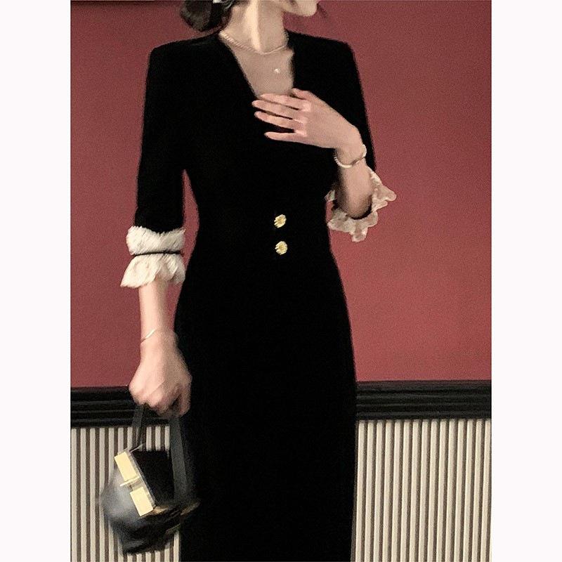 Hepburn-Style Black Velvet Lace Trim Dress for Women S