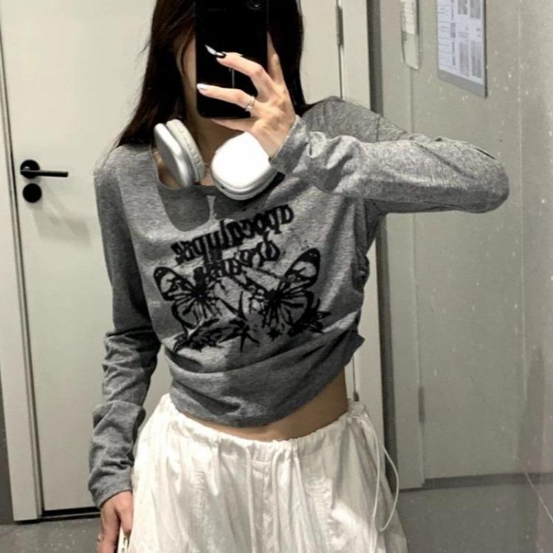 2KWEIRD Sexy Plissierte Grunge T-Shirts Damen Slim Fit Y2k Ästhetischer Buchstabenprint Langarm Crop Top Damenmode All Match T-Shirt