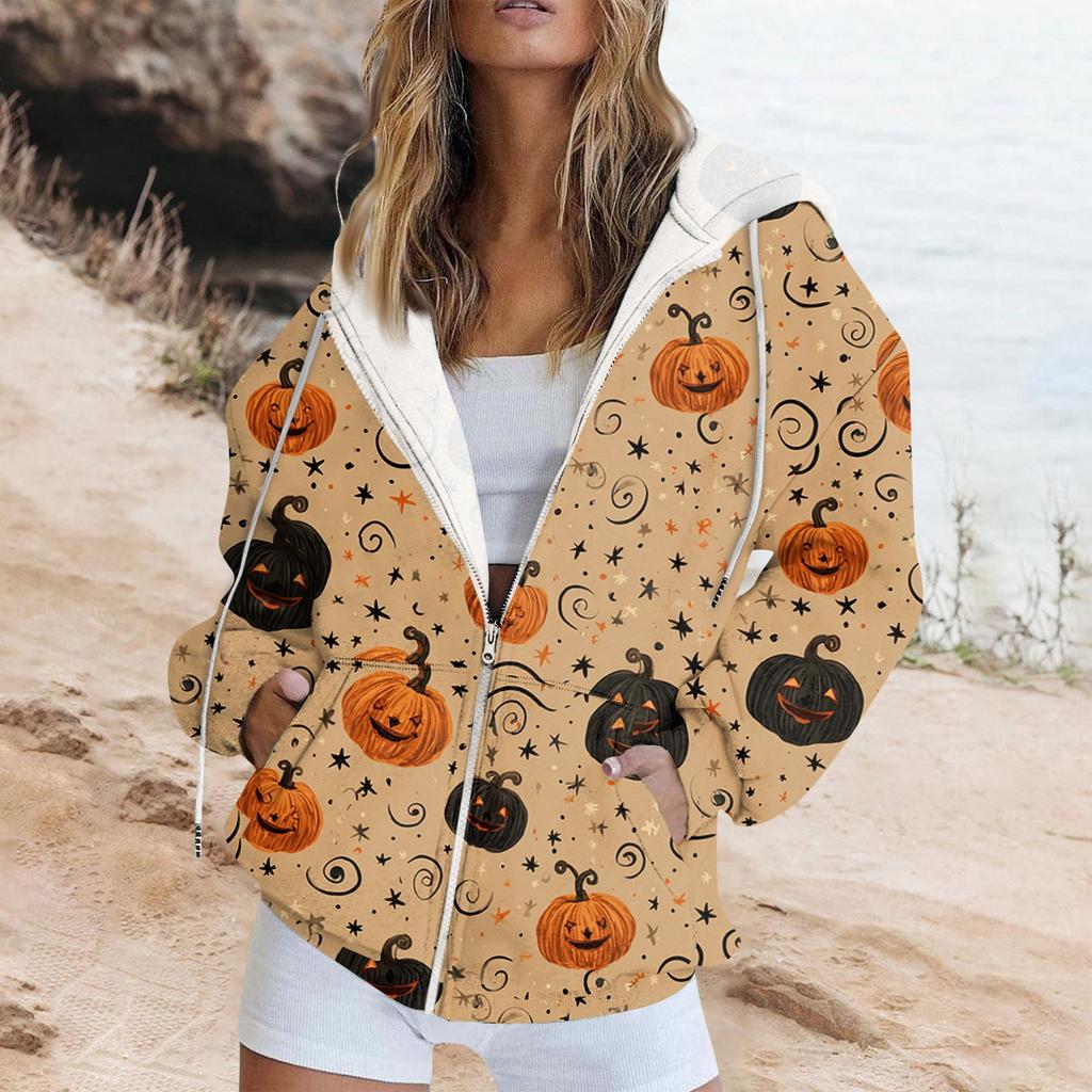 Women's Fashion Casual Halloween Printed Sweatshirt Long Sleeve With Pocket Cardigan Jacket Zipper Hoodie Coat