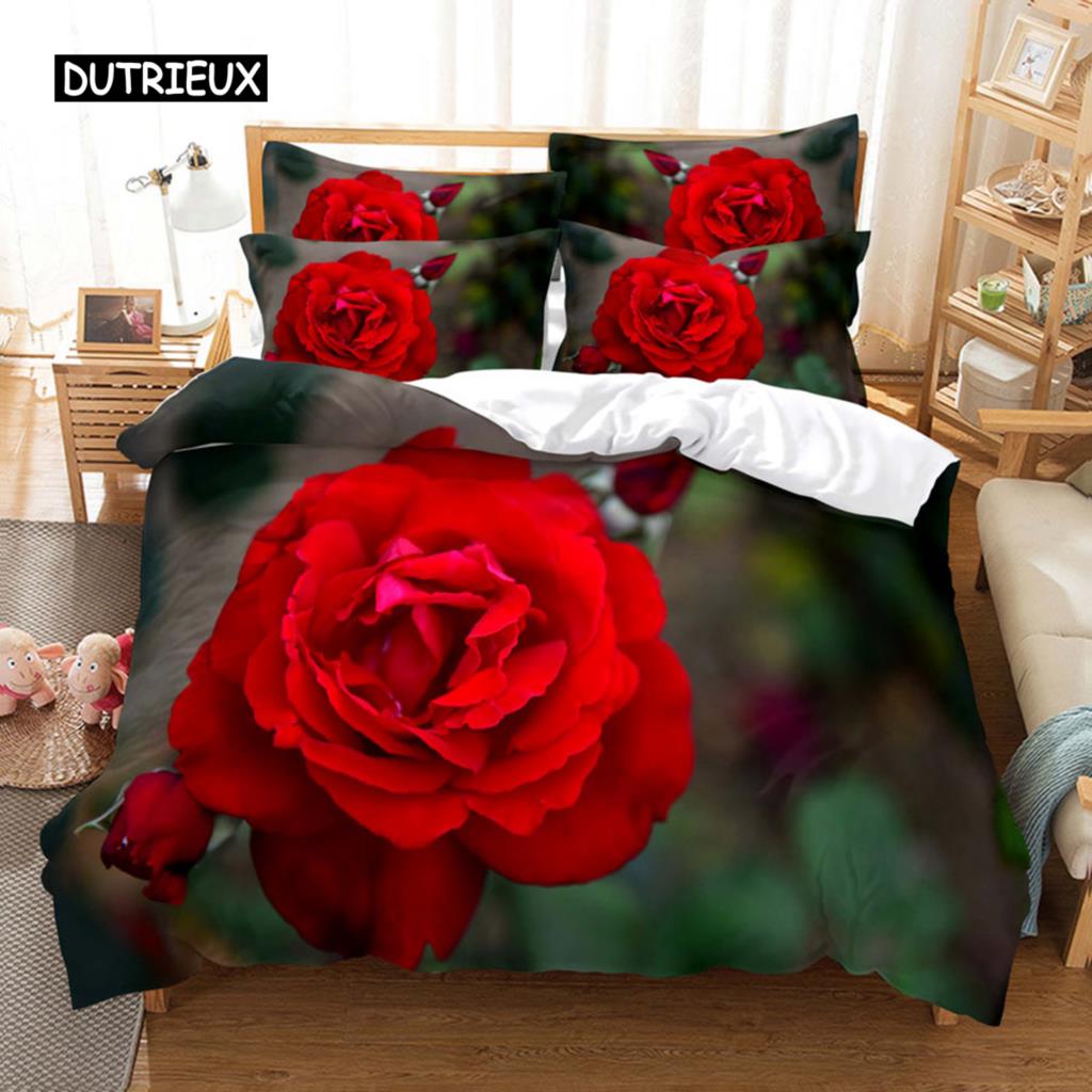 Povlečení červená růže Povlak na přikrývku/přikrývku Pouzdro na polštář 3D HD Double Full King Queen Twin Single 3/2KS Polyester Povlak na přikrývku