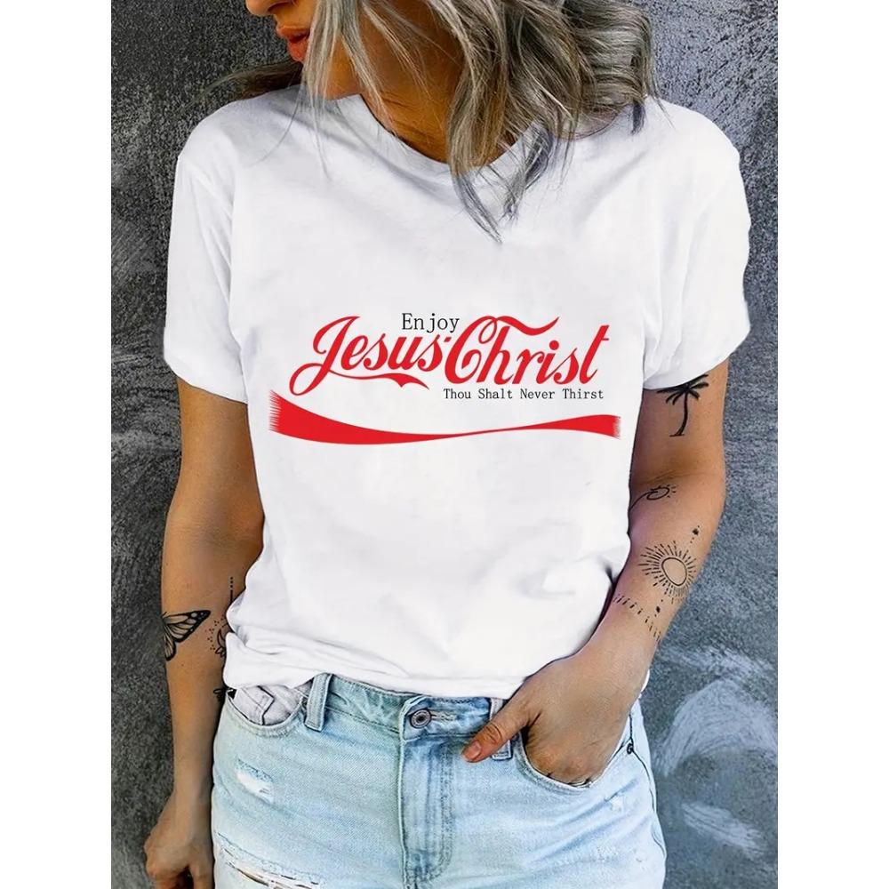 

Jesus Print T-Shirt Short Sleeve Crew Neck Casual Top For Summer Spring Women s Clothing S