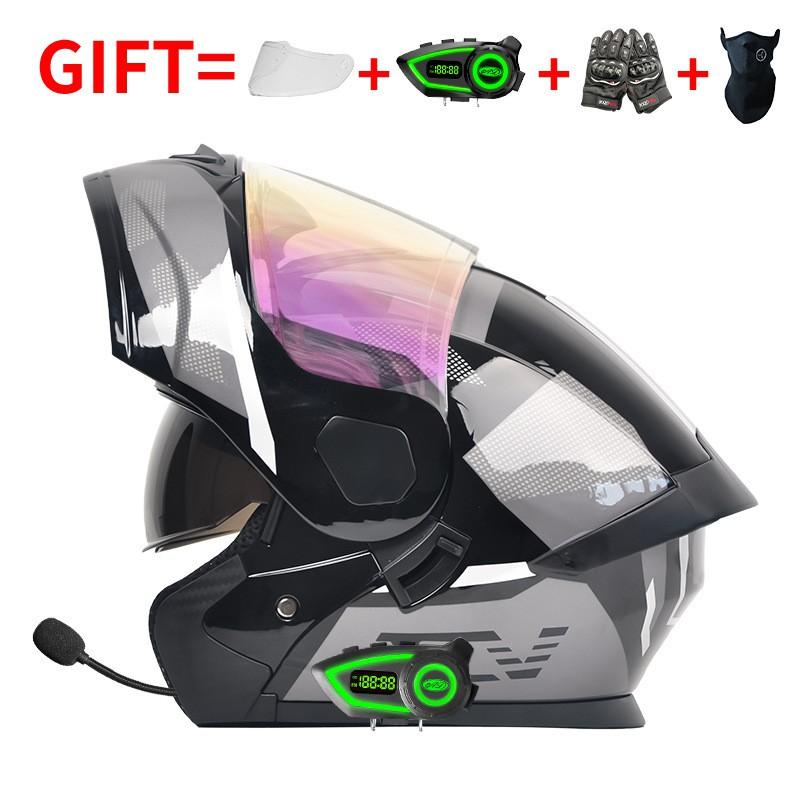 Bluetooth-Enabled Full Face Motorcycle Helmet With Dual Visors DOT 3C Certified All-Season Flip-Up Design Men Women