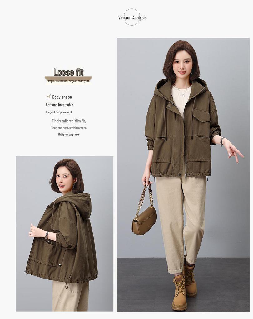 2024 Plus Size Hooded Trench Coat for Women - Loose Fit Spring & Autumn Workwear Jacket