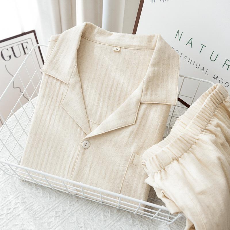 Reine Baumwolle und Leinen Revers Pyjama-Set Herren Vier-Jahreszeiten Dünn Langarm Hose Baumwolle Doppellagige Gaze Papa Loungewear