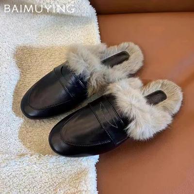 Fur Women Slippers Flats Mules Leather Shoes Woman 2024 Trend Winter Warm Fashion Short Plush Cotton Shoes Slingback Snow Botas