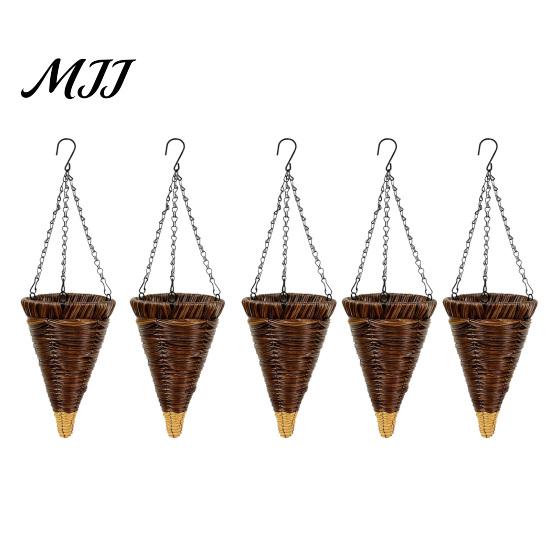Rattan Hanging Basket Cone Flower Artificial Woven Planter Rustic Conical Plant with Metal Chains for Indoor Outdoor Garden Balcony