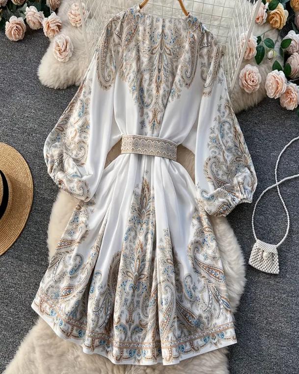 Frühlingshaftes Französisches Retro-Print-Kleid mit V-Ausschnitt, Laternenärmeln und Taillenbindeband