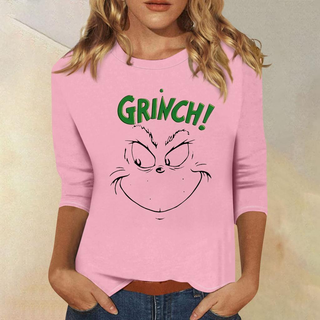 3/4 Sleeve Tops For Women T-Shirt Casual Christmas Print Tops T Shirt Round Neck Pullover Blouse