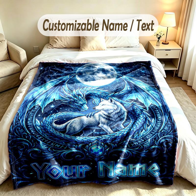 Dragon Phoenix Theme Soft Blanket Personalized Custom Name Text Print Warm Blanket Home Sofa Bedroom Decor