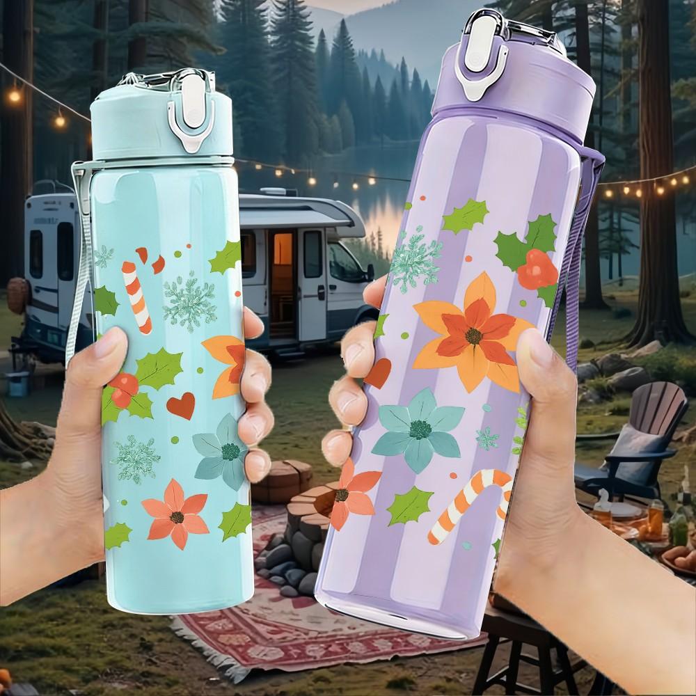 1PC Multicolor Floral Heart Print 750ml Color Plastic Sports Water Bottle Leakproof Flip Straw Lid Suitable for Sports Office Home Use