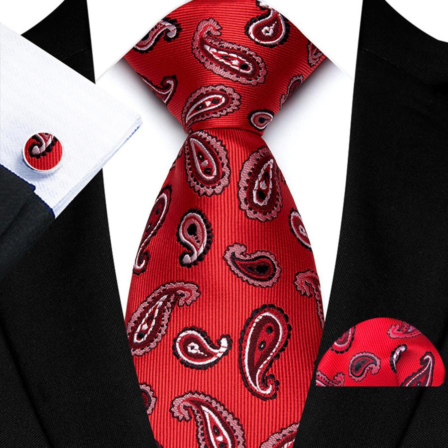 Red Striped Paisley Solid Floral Wedding 8CM Tie For Men Design Mens Necktie Hanky Cufflink Set For Daily Wear Business Party