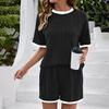Stylish Striped Color-blocked Short-sleeved Loungewear Set For Women, Suitable For Wearing Outside.
