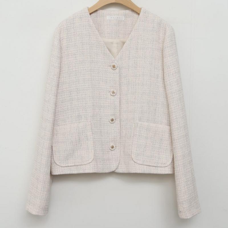 Shop Women No Collar Y Button Check Tweed Jacket ivorY Rei Wjk 4269