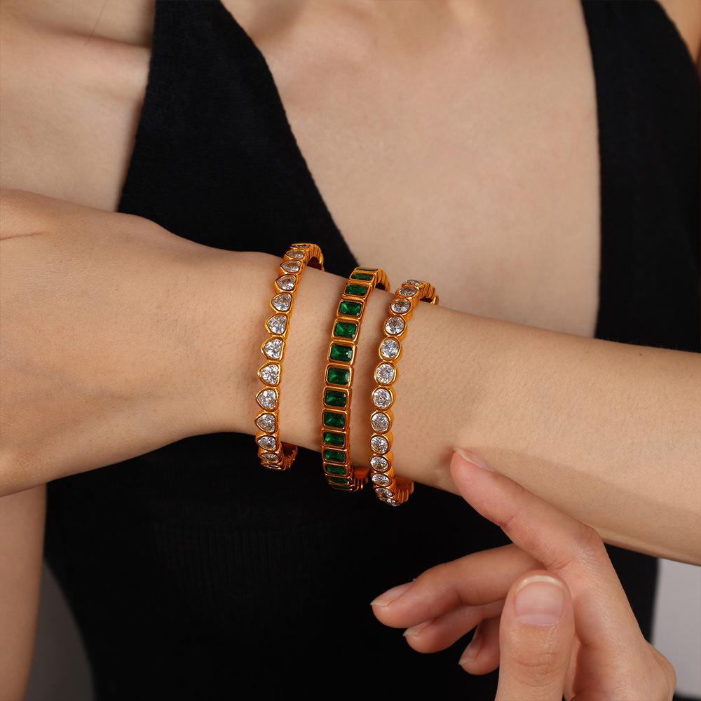 Light Luxury Retro Style Multi-Color Zircon Open Bracelet Stainless Steel Stacked Versatile C-Shaped Bracelet