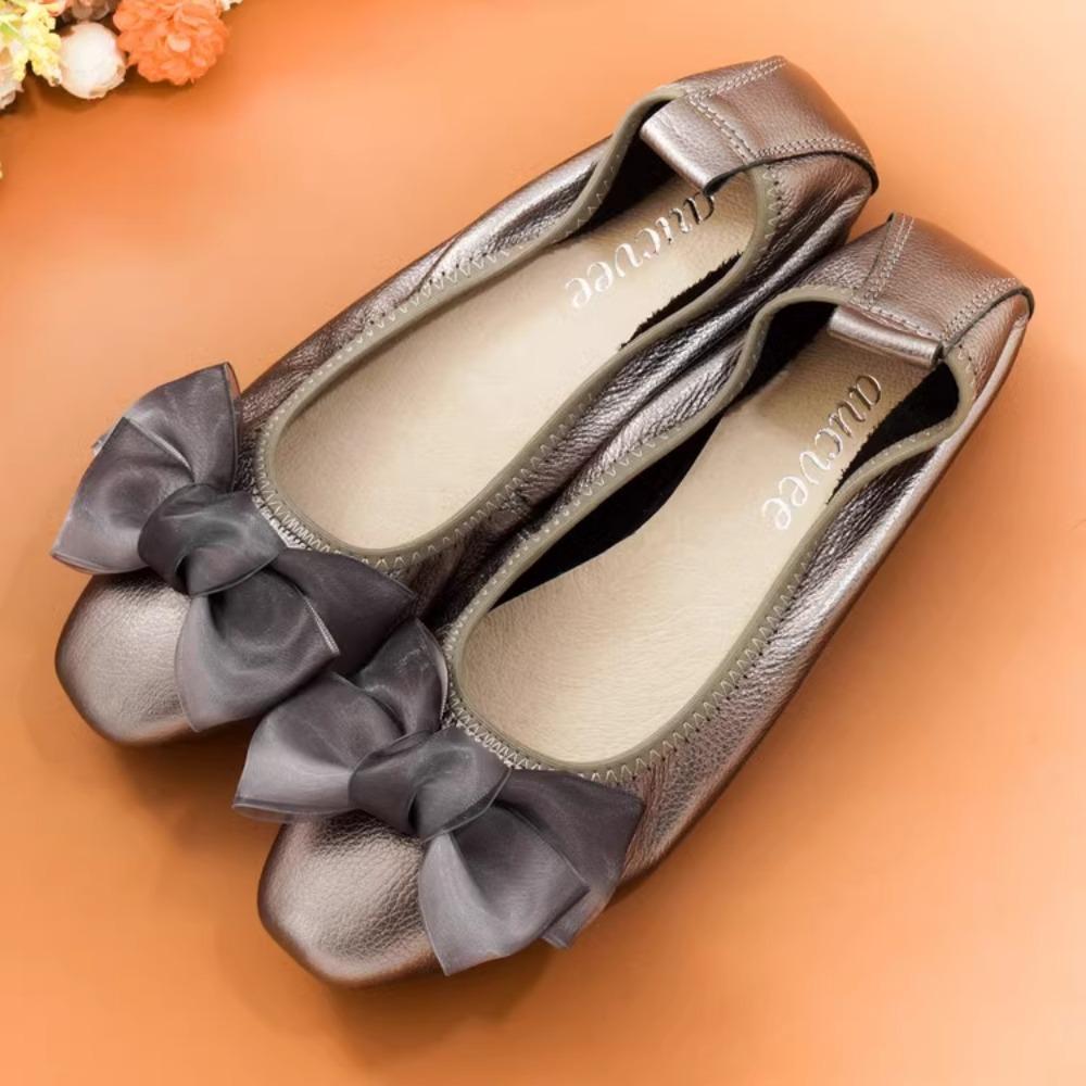 2024 Summer Genuine Leather Bowknot Ballerina Women's Flat Round Toe Comfort Slip-On Ladies Loafers Leather Single Mules Shoes