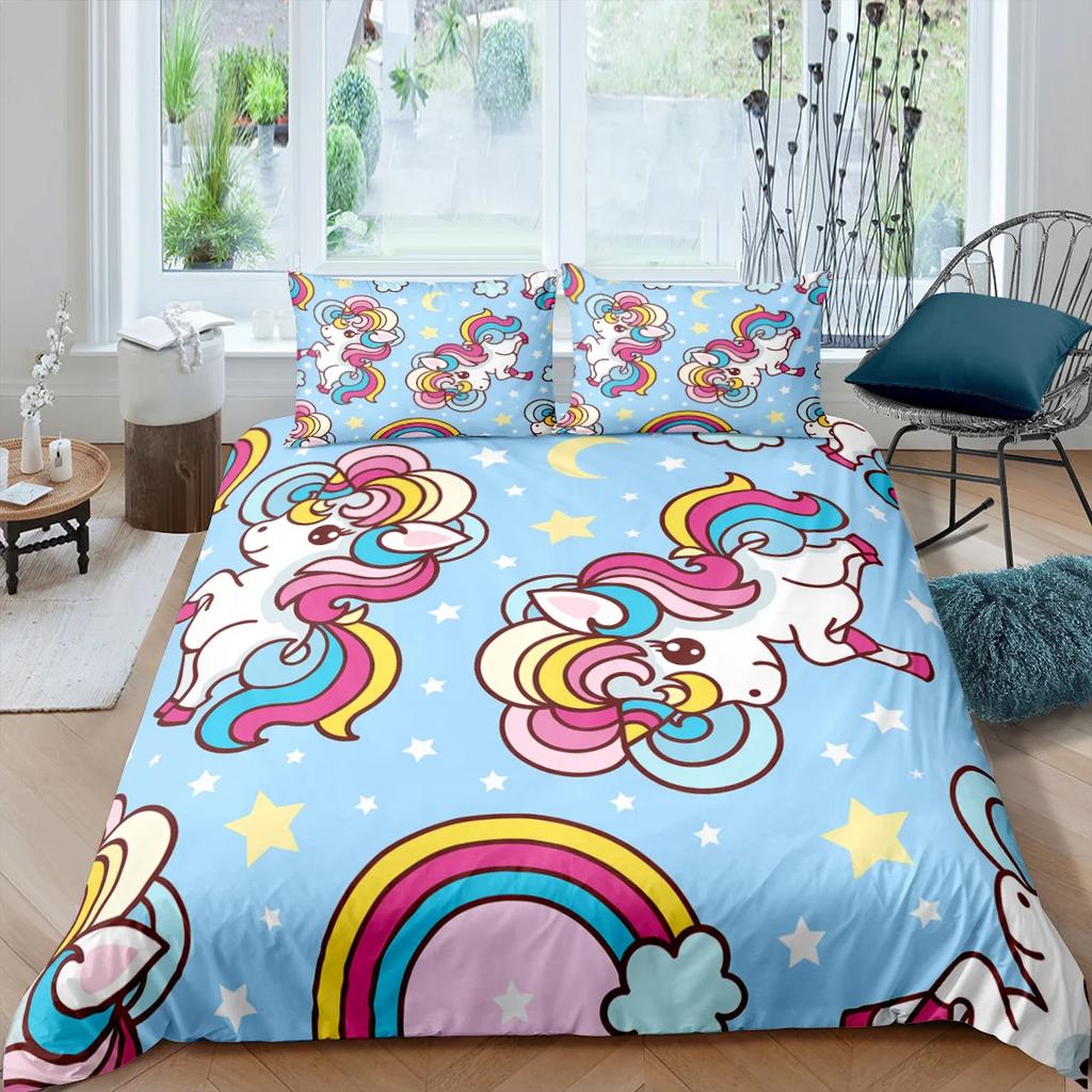 Unicorn Bedding Set King Queen White Pink Unicorn Duvet Cover for Girls Kids Dreamy Cartoon Sparkle Lilac Polyester Quilt Cover