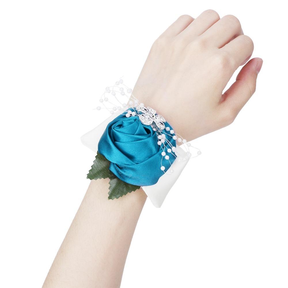2pcs Rose Red Wrist Corsage Pearl Rhinestone Wedding Corsage Bridal Wrist Flower For Wedding
