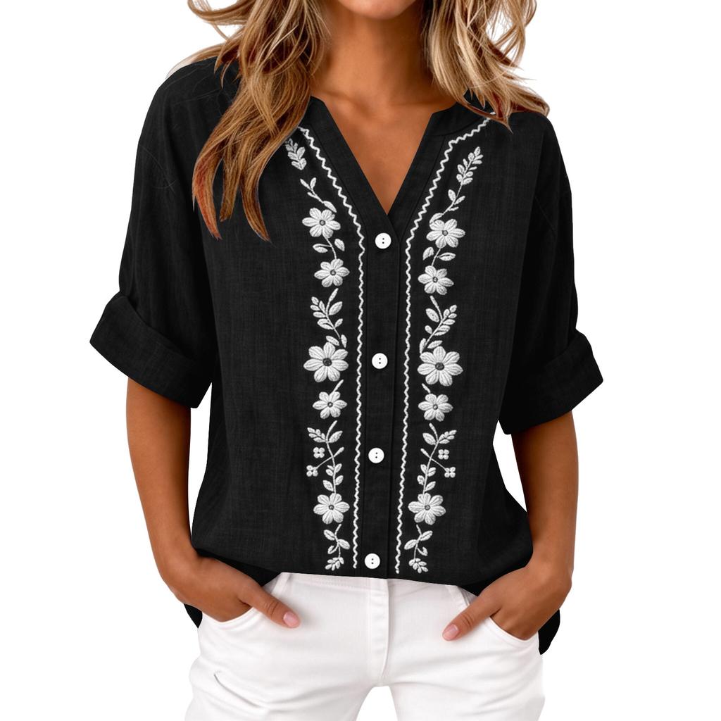 Women's Long Sleeve Button Down Blouse - Color Round Neck with Embroidery, Casual and Daily Wear Top for Women