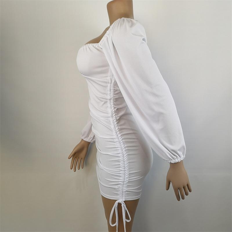 Long Sleeve Bodycon Dress Women Low Neck Rib Sexy Slim Fit Drawstring Pleated Wrapped Hip Mini Dress