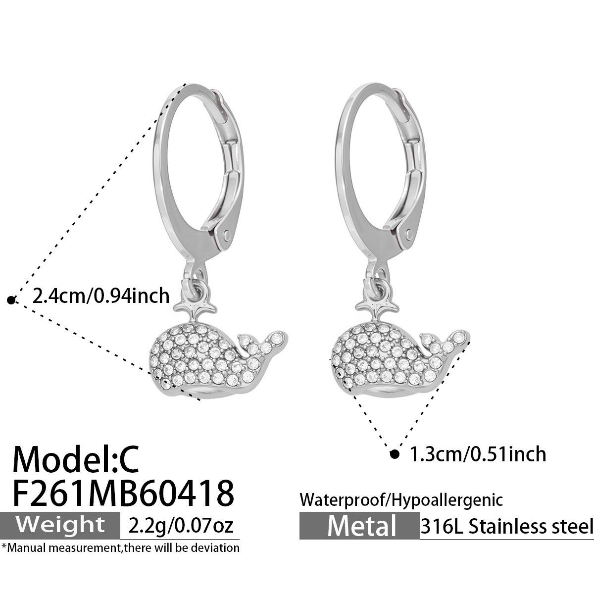 European  American Style 18k Gold-Plated Stainless Steel Dolphin Earrings with Full Diamond Ocean Theme