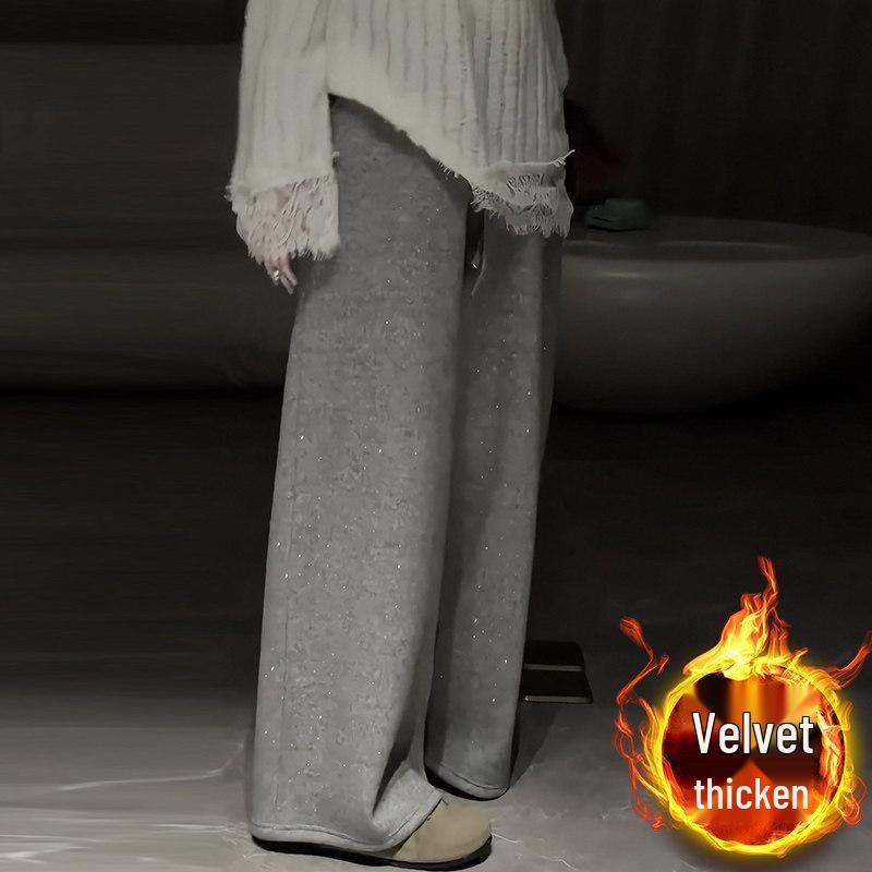 2026 Gray Rhinestone Woolen Wide-Leg Pants, Plus Velvet, Plus Size, Slimming for Pear-Shaped Figures S