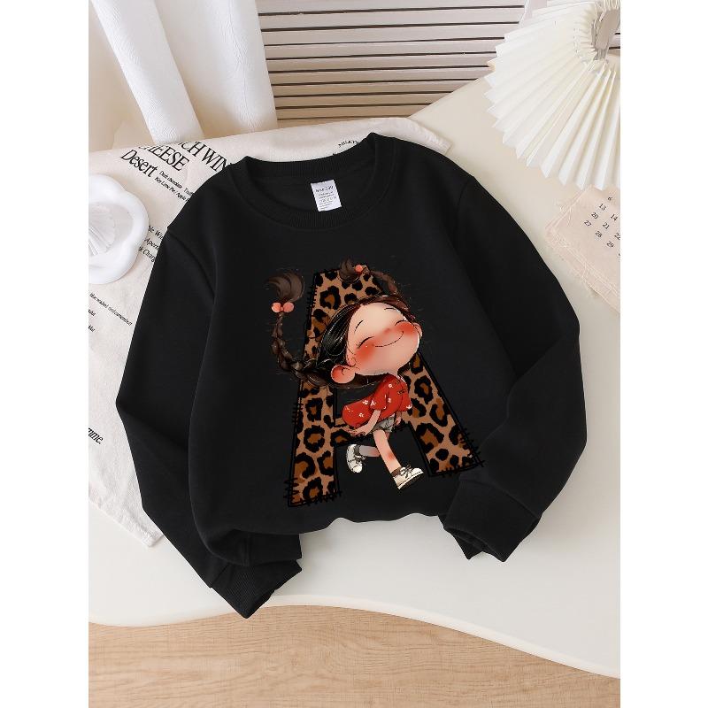 Kids Girls Crewneck Sweatshirt, Leopard Print Letter A With Cute Braided Little Girl Cartoon Print Soft Fleece Pullover