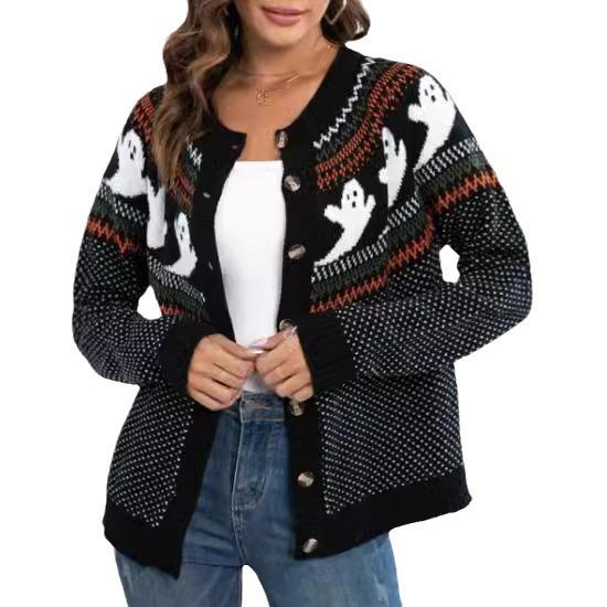 2024 Retro Polka Dot Long Sleeve Knit Cardigan – Women's Halloween Ghost Sweater, Loose Fit, European American Style