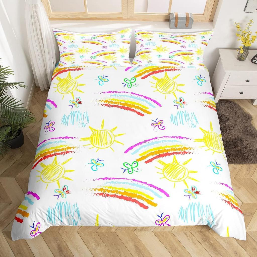 Kids Kawaii Duvet Cover Set Suitable For Girls And Boys Rainbow Moon Star Cute Cartoon Cloud Set Kids Bedroom Decoration 3Pcs