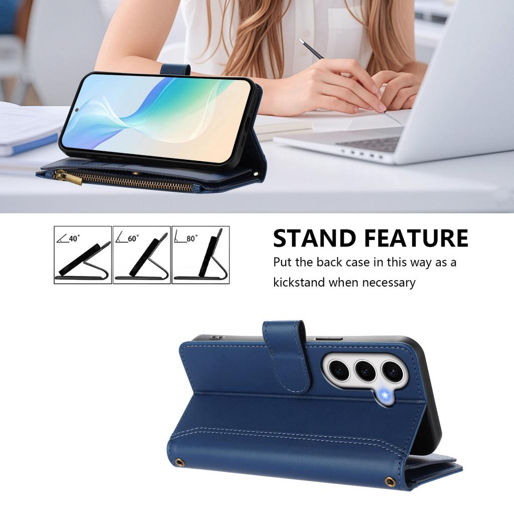 For Samsung Galaxy S24 FE Leather Case 9 Card Slots Zipper Wallet Stand Phone Cover with Wrist Strap