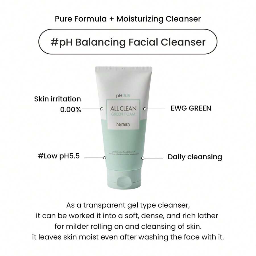 Heimish All Clean Green Foam Nettoyant Visage Hydratant 150g/Nettoyant Gel Doux Hydratant, Nettoyant Visage Quotidien Pour Peau Sensible Aux Acides Aminés, P.H