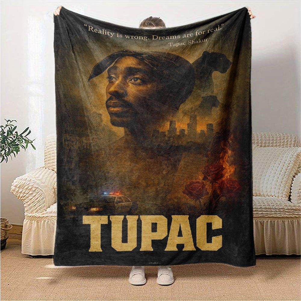 1pc 2PacHip Hop Blanket Soft Lightweight All Season Multi Purpose Throw for Sofa, Bed, Office & Picnics, French Style with Iconic Album Art & Quotes
