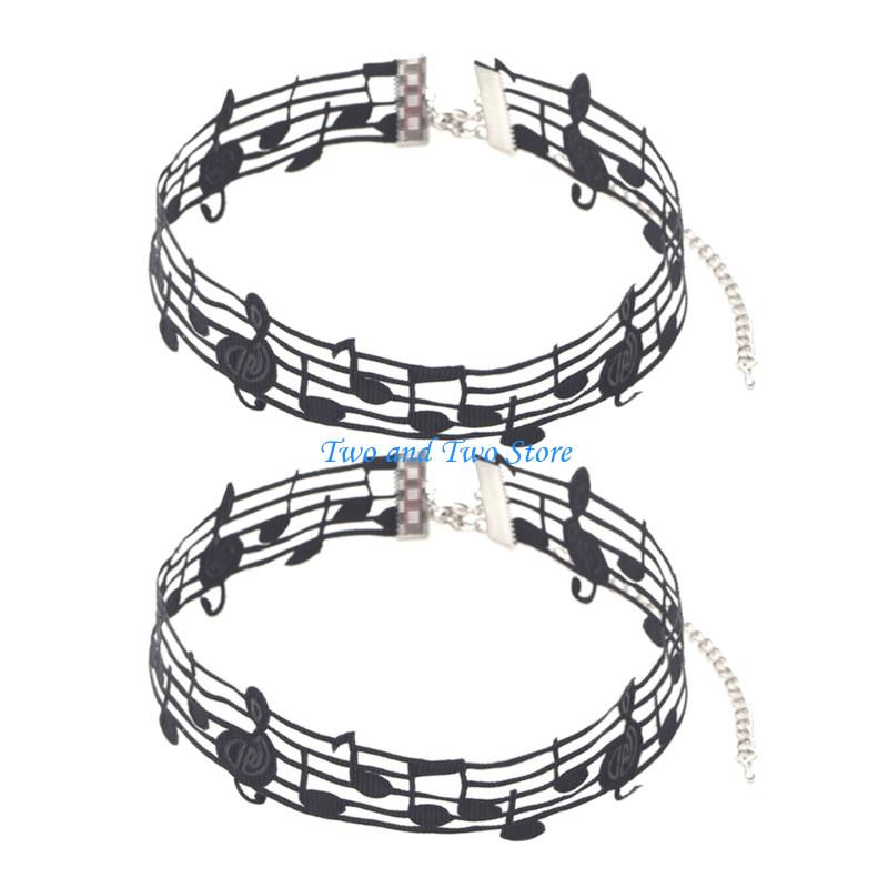 HX6F 2Pcs Stylish Black Alloy Note Pendant Clavicle Necklace Lightweight And Comfortable Neckchain For Daily Wear