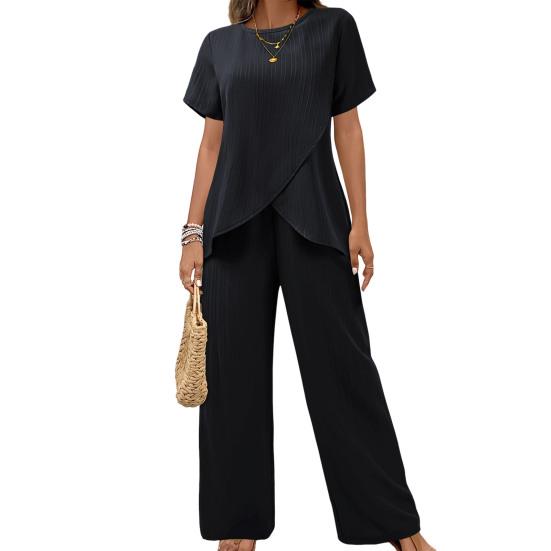 

Women s 2 Piece Sets Crew Neck Short Sleeve Irregular Hem Top And Wide Leg Pants Sets Summer Casual Lounge Outfits M