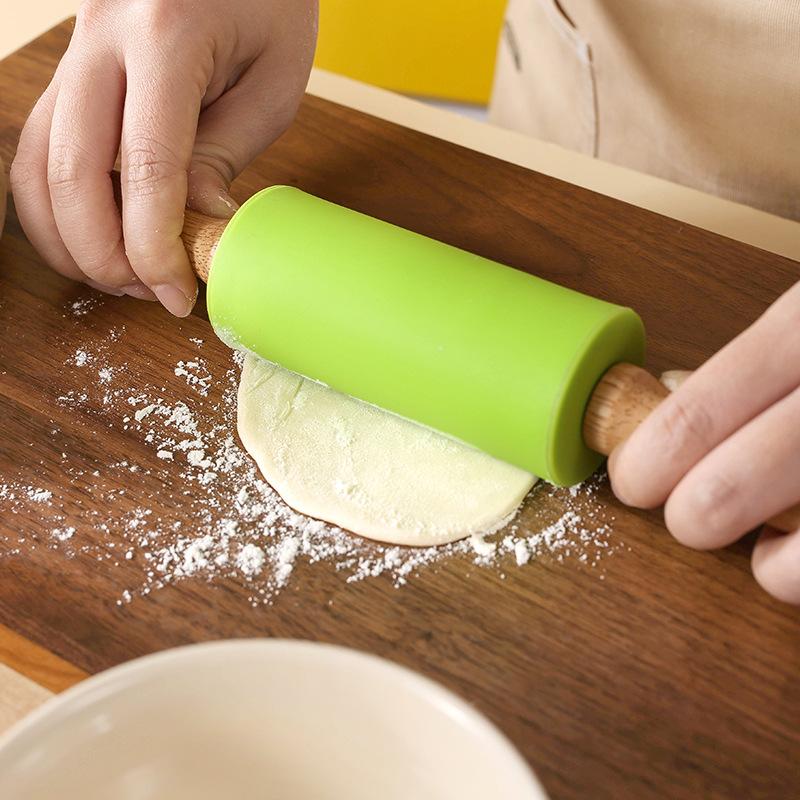 Non-Stick Silicone Rolling Pin Wooden Handle Pastry Dough Flour Roller Kitchen Cooking Baking Tool For Pasta Cookie Dough