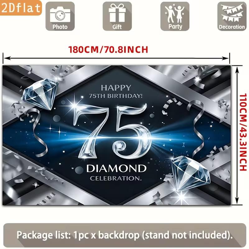 2D 75th Birthday Photography Backdrop Diamond Celebration & Silver Confetti Party Background
