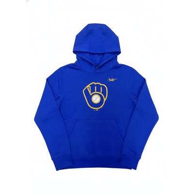 Nike Milwaukee Brewers Logo Print Hoodie With Baseball Elements, Long Sleeve Pullover Men Tops Blue 3Z3B7SBHG-MIL