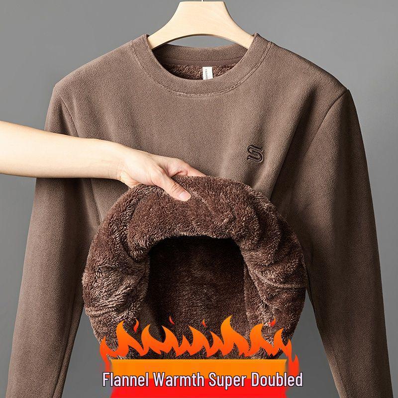 Men's Sherpa Fleece-Lined Sweatshirt: Thick, Warm, Round Neck Flannel Casual Top for Autumn and Winter