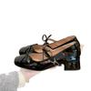 Red Evening Single Shoes French Coarse Heel Square Head Spring/Summer New Butterfly Knot Women's Shoes