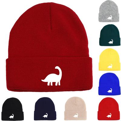 White Dinosaur Print Knitted Hat Beanie, Animal Skullies Beanies Warm Thermal Unisex Gorro Knitted Cap Beanie