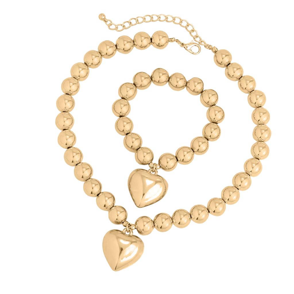 Simple Gold Color Ball Bead Chain Necklace Bracelet Heart Pendant Jewelry Set Elegant Beaded Accessory for Women