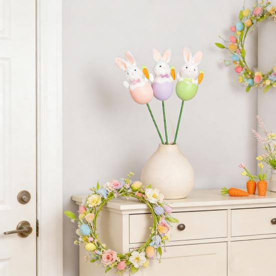 Easter Bunny Picks with Pastel Eggs DIY Floral Arrangement Decor Cute Spring Party Decoration Reusable Craft Accessories for Home Centerpiece