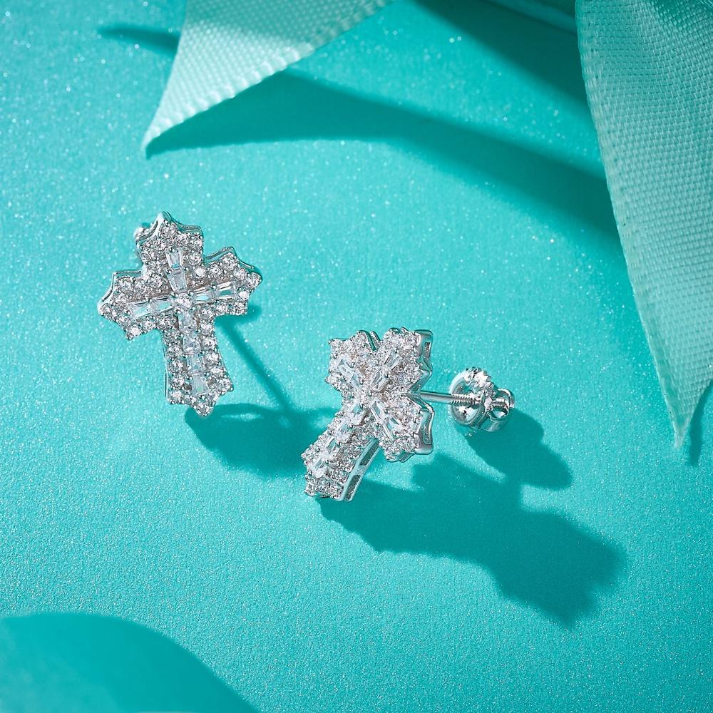Cross Moissanite Earrings 14K White Gold Plated Studs Screw-Back Earring