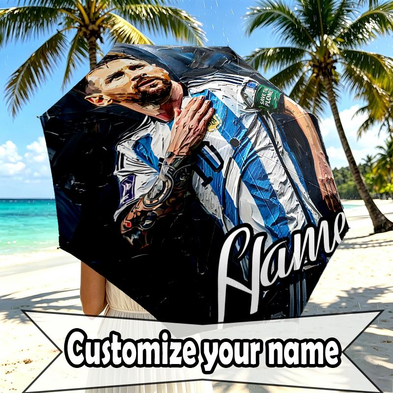 Custom Name Personalized Lionel Messi Print Umbrella, Auto Open Close, 8‑Rib Sturdy Frame, Commute Camping Hiking Use, Birthday Gift