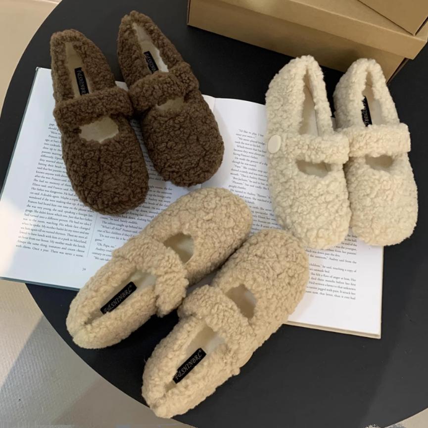 Gentle Fairy Wind Round Head Word with Lamb Wool Shoes Female Autumn and Winter Wear Flat-bottomed Pregnant Women Warm Bean Cotton Shoes