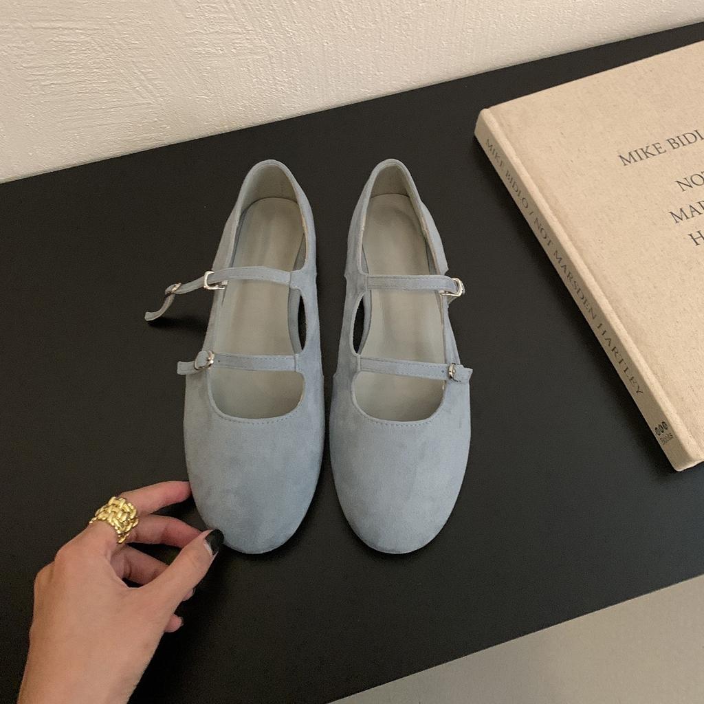 Suede Hollow Mary Jane Shoes Women's One-word Buckle Hollow Flat Soft Sole Ballet Shoes