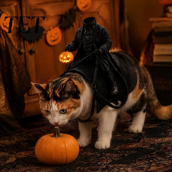 Pohodlný kostýmový doplněk pro mazlíčky Bezhlavý jezdec Kočičí kostým, Halloween 3D Vtipný jezdecký outfit s dýní Roztomilé psí oblečení na párty lucernu,
