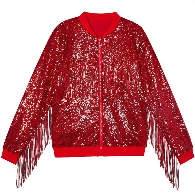 Giacca da Donna Oversize con Frange di Paillettes Manica Lunga Zip-Up Casual Streetwear Blazer da Festa