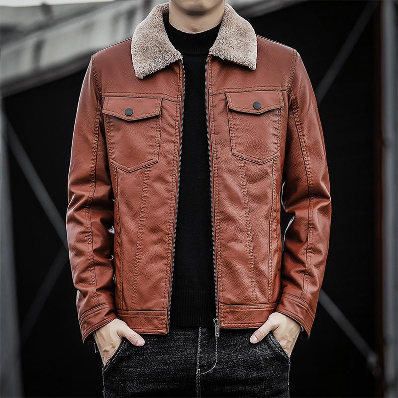 New leather jacket men's fur integrated pu leather jacket locomotive lapel men's fleece thickened leather jacket slim fit