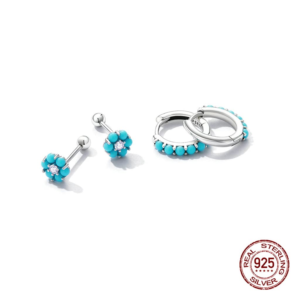 Rockyu Earrings for Simple and 925 Turquoise Second Turquoise Accessories Women, Beautiful, Silver, Small, Earrings, Earrings, Flowers, Zirconia,