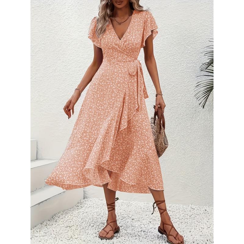 Women Summer New V-Neck Cardigan Tie Short Sleeve Bohemian Swing Vacation Dress